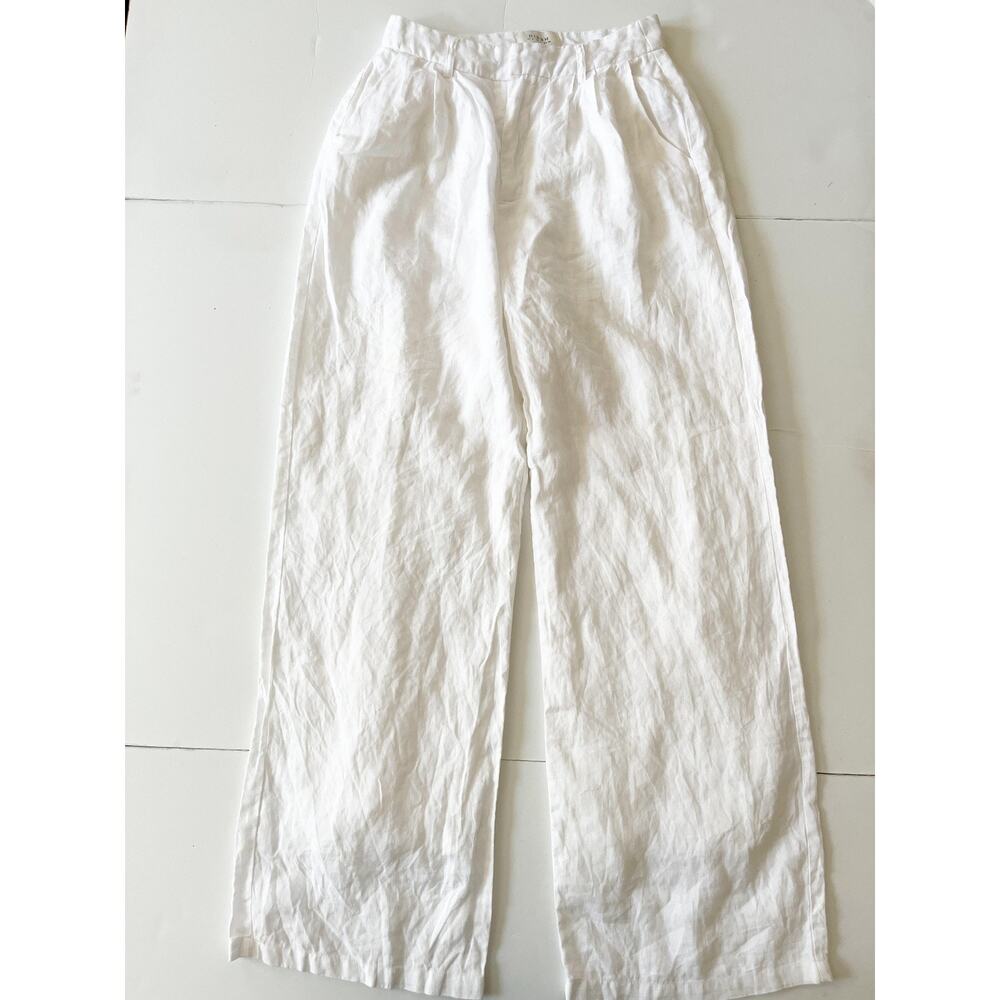 DISSH Pants Womens 4 White Linen High Rise Wide Leg Lined Pleated Relaxed